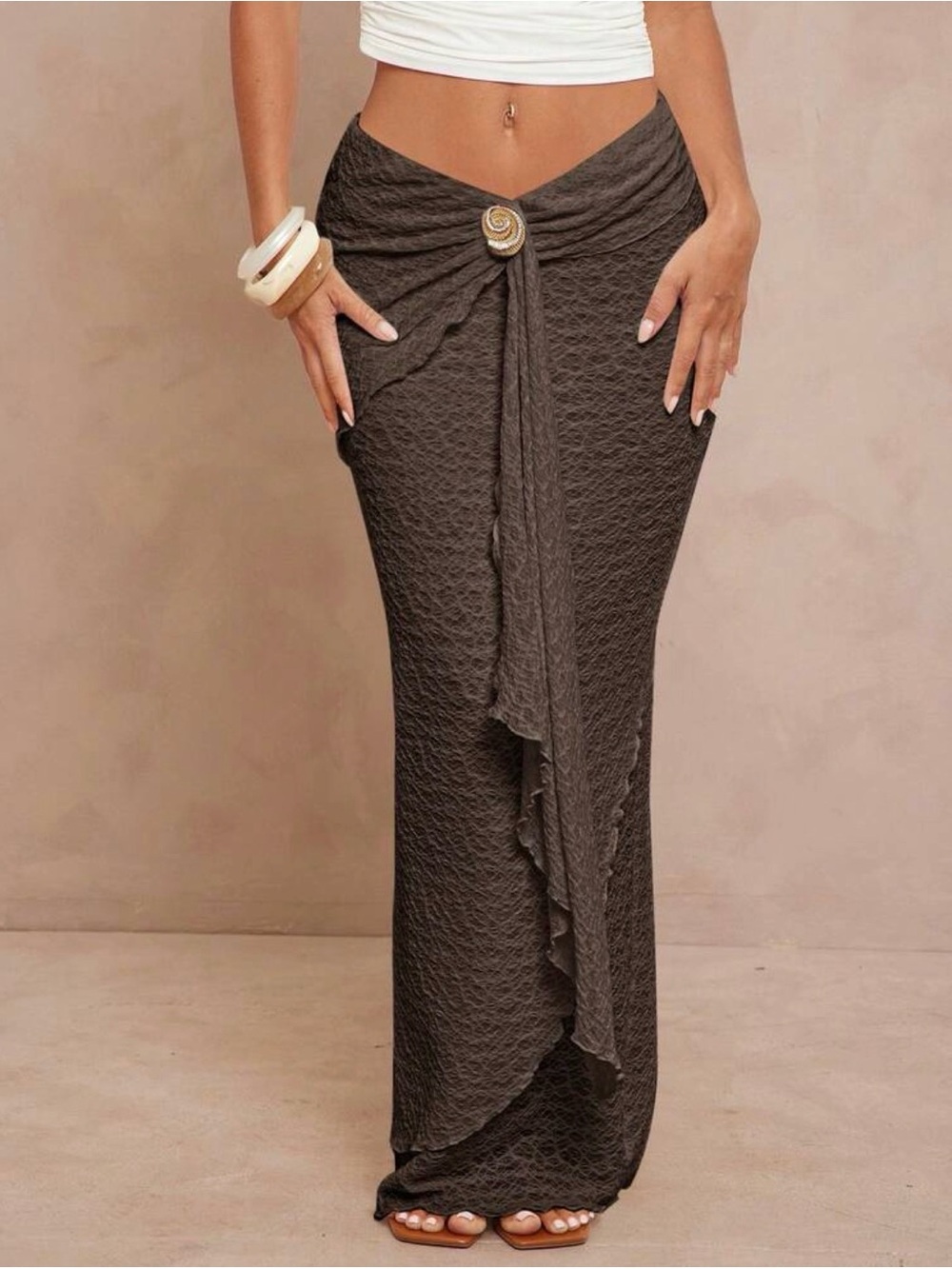 Textured Brown Maxi Skirt with Front Drape and gold detailing
